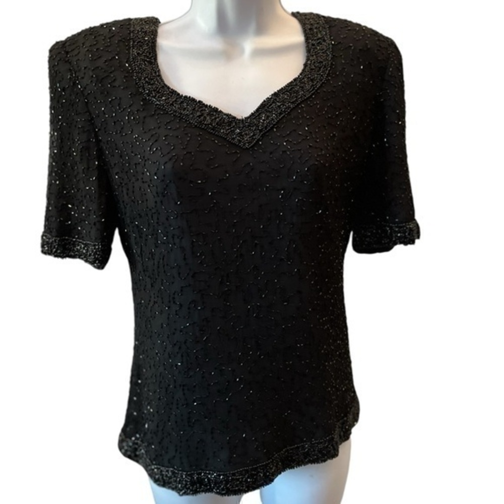 New Stenay Black Beaded Top Short Sleeve Embroidered Size Large Vintage 80s